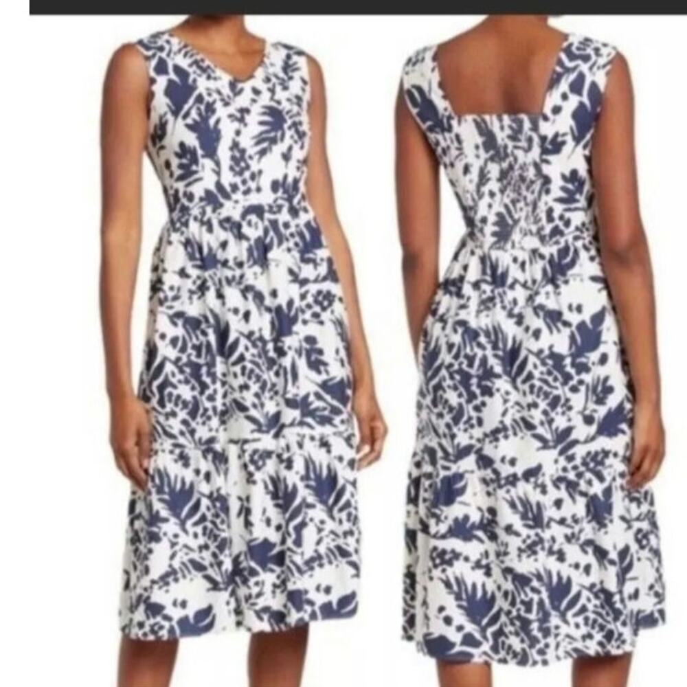 Magaschoni midi linen blend navy white floral dress smocked back tiered sz 8
